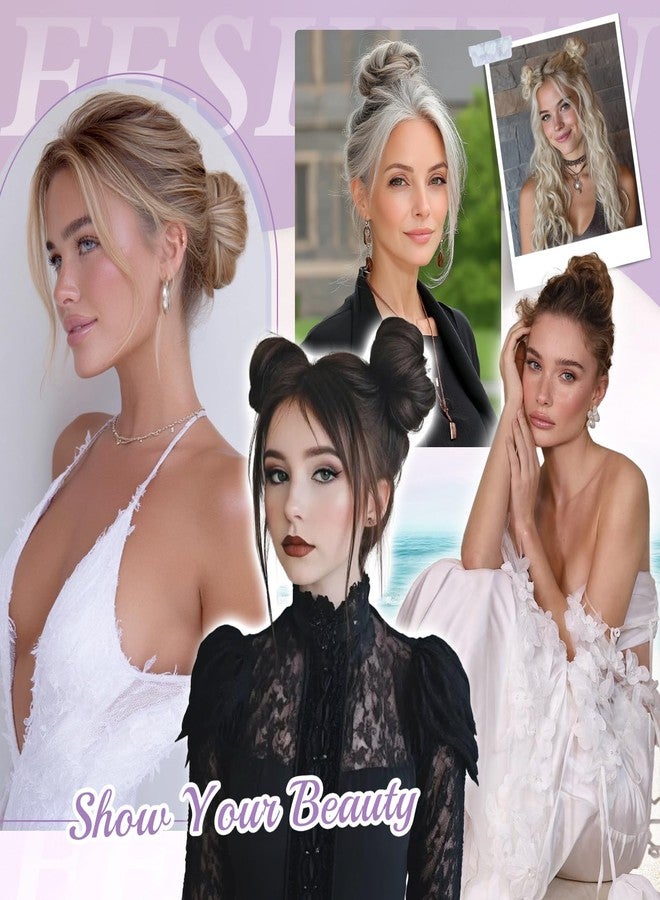 FESHFEN 2PCs Small Messy Bun Hair Piece for Thin Hair Women Girl Mini Synthetic Elastic Wavy Space-bun Scrunchies Updo Hairpieces, Black Gray and White Tips - Image 5